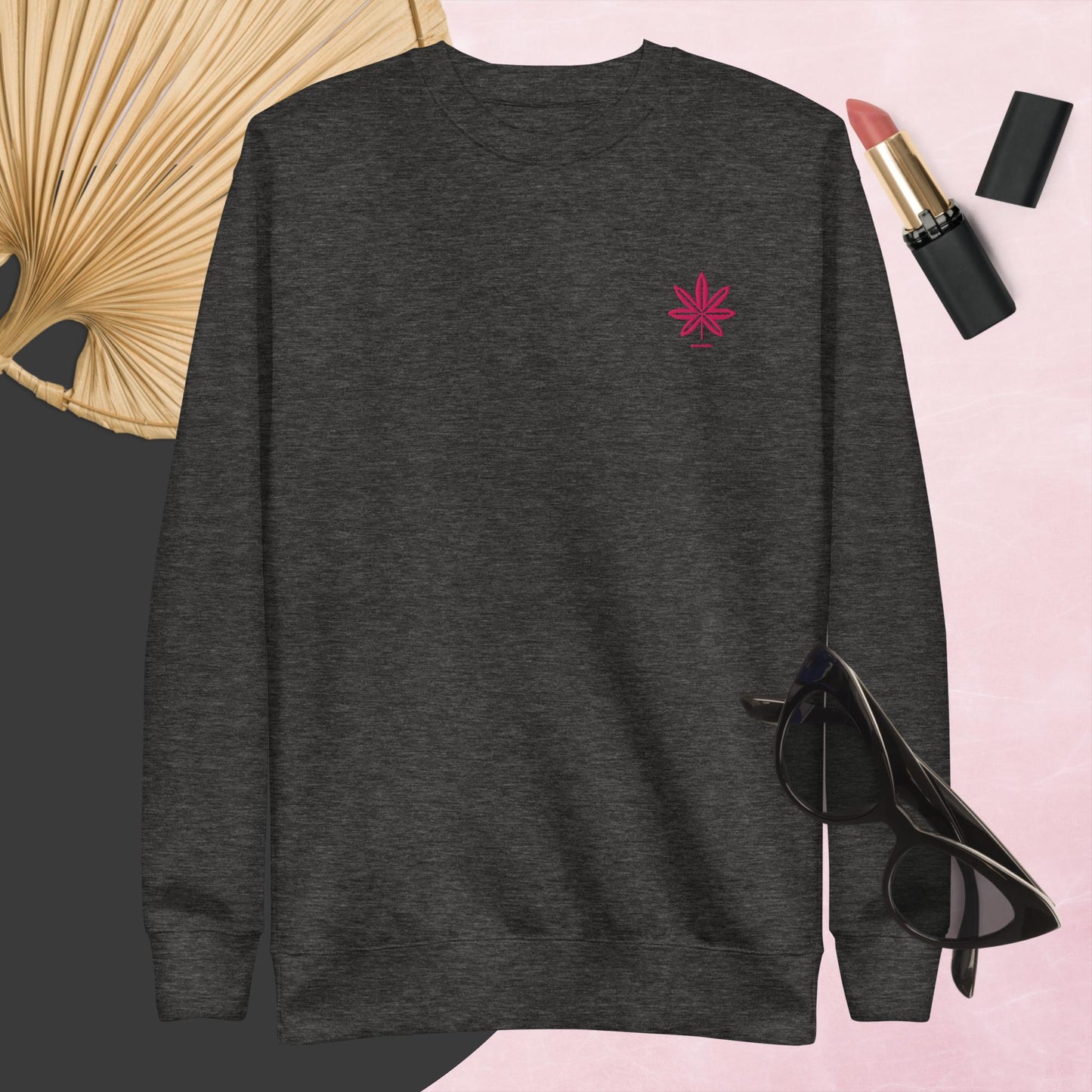 Hot Pink Marijuana Leaf Sweatshirt – Embroidered Cannabis Sweatshirt – Classic Crew Neck, Soft Cotton, Multiple Colors Available