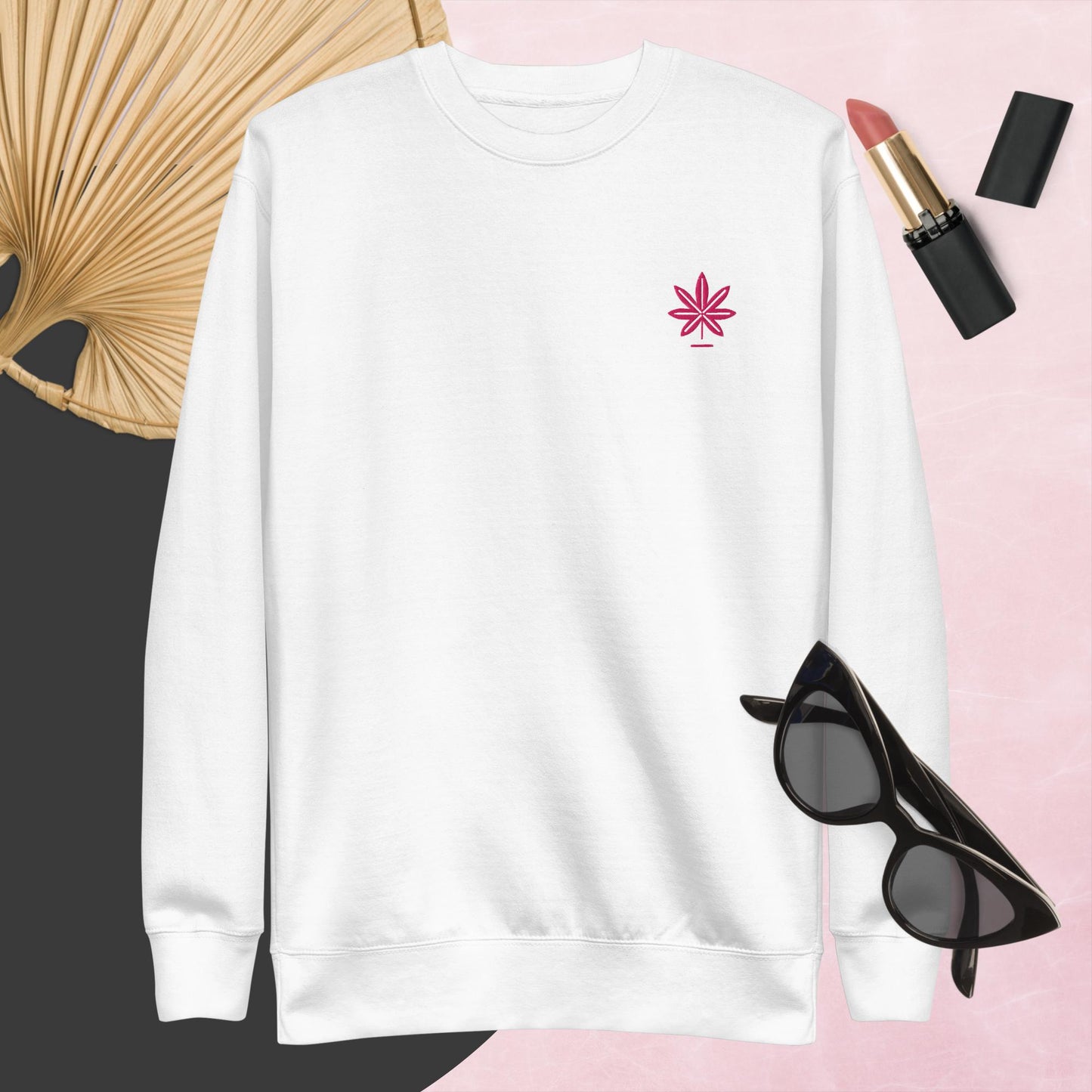 Hot Pink Marijuana Leaf Sweatshirt – Embroidered Cannabis Sweatshirt – Classic Crew Neck, Soft Cotton, Multiple Colors Available
