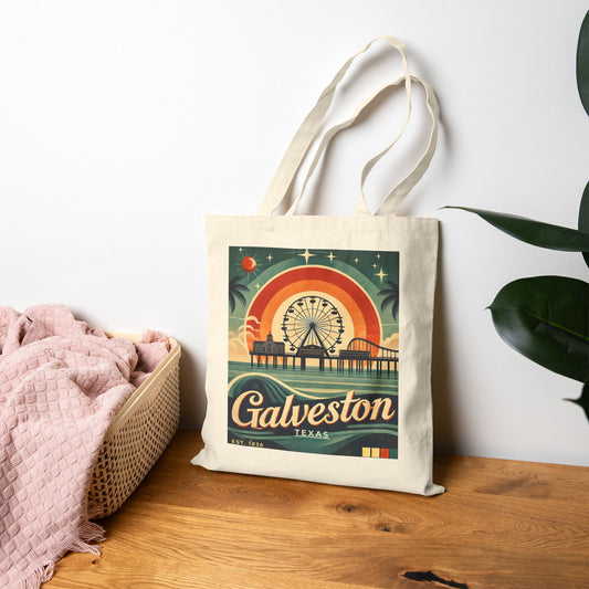 Vintage Galveston Cotton Canvas Tote Bag, Reusable Beach Bag, Travel Tote, Eco-Friendly Shopping Bag, Gift for Travelers