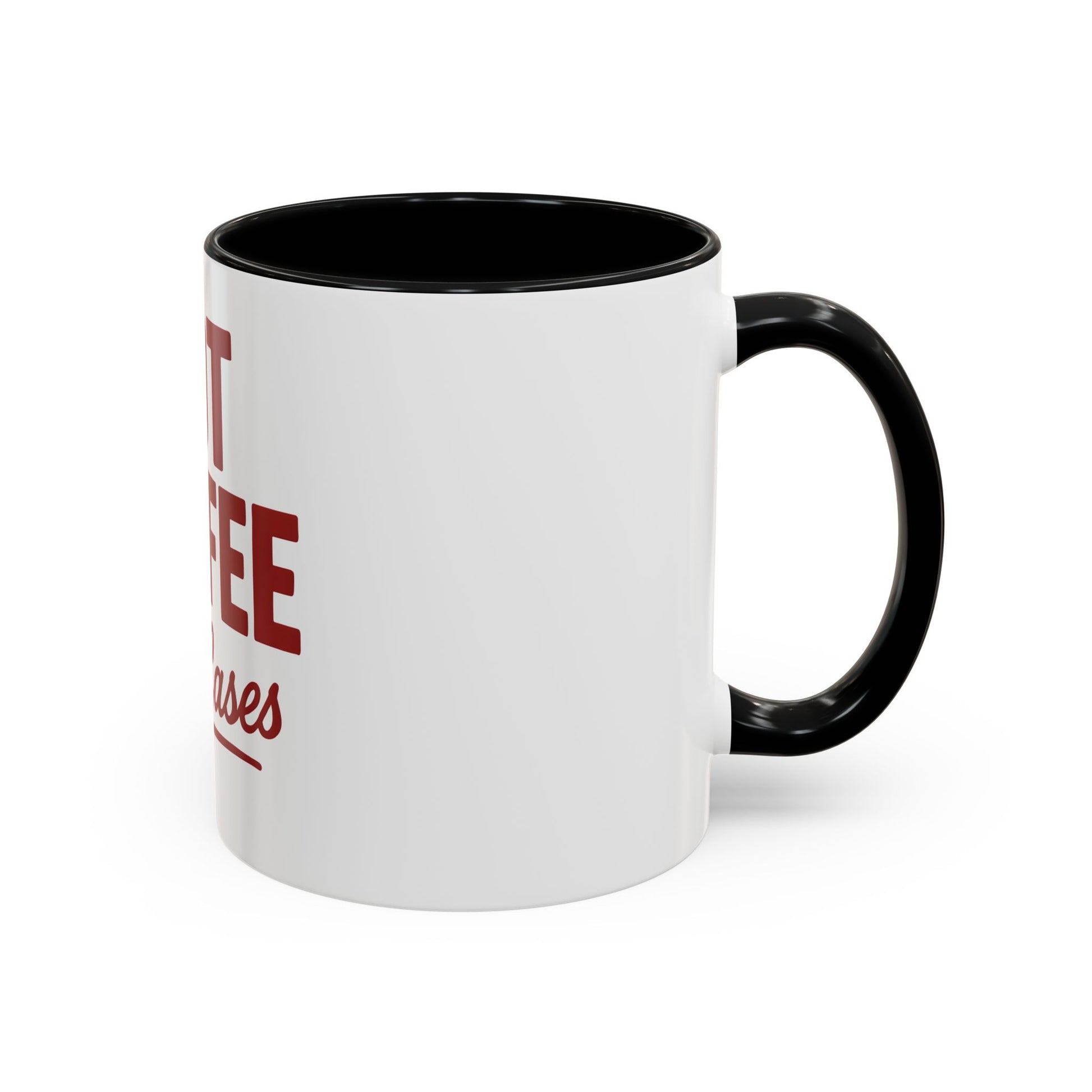 White mug with black handle and red text on a white background