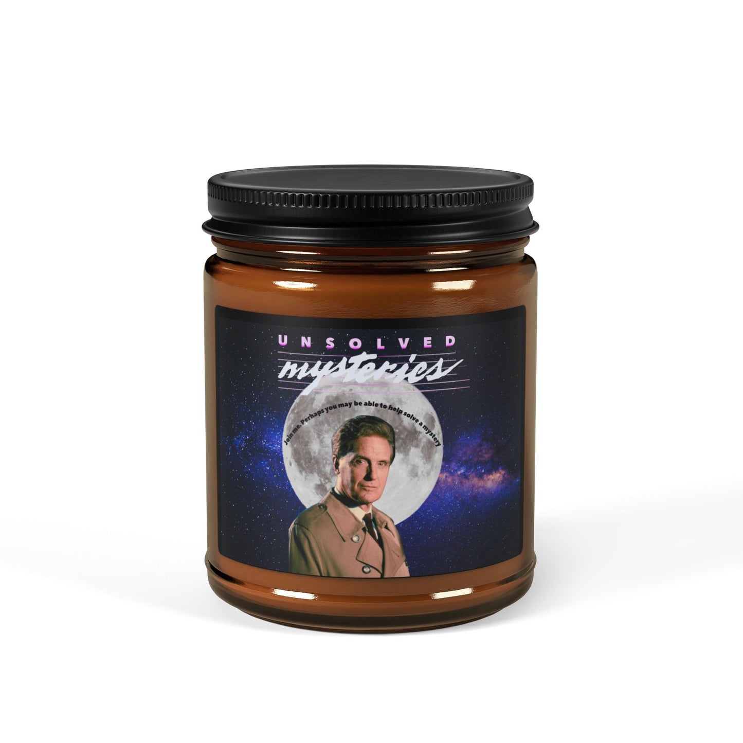 Retro "Unsolved Mysteries" Soy Candle | Amber Glass Jar | Robert Stack Tribute | Cozy Home Decor | Nostalgic Gift for TV Fans