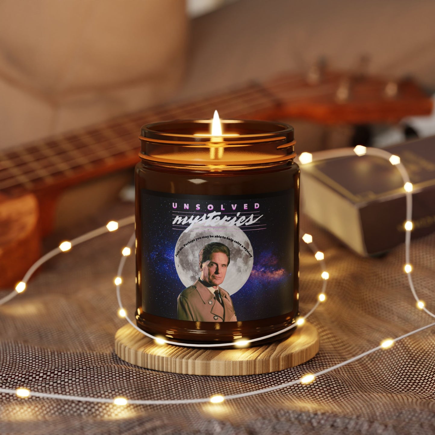 Retro "Unsolved Mysteries" Soy Candle | Amber Glass Jar | Robert Stack Tribute | Cozy Home Decor | Nostalgic Gift for TV Fans