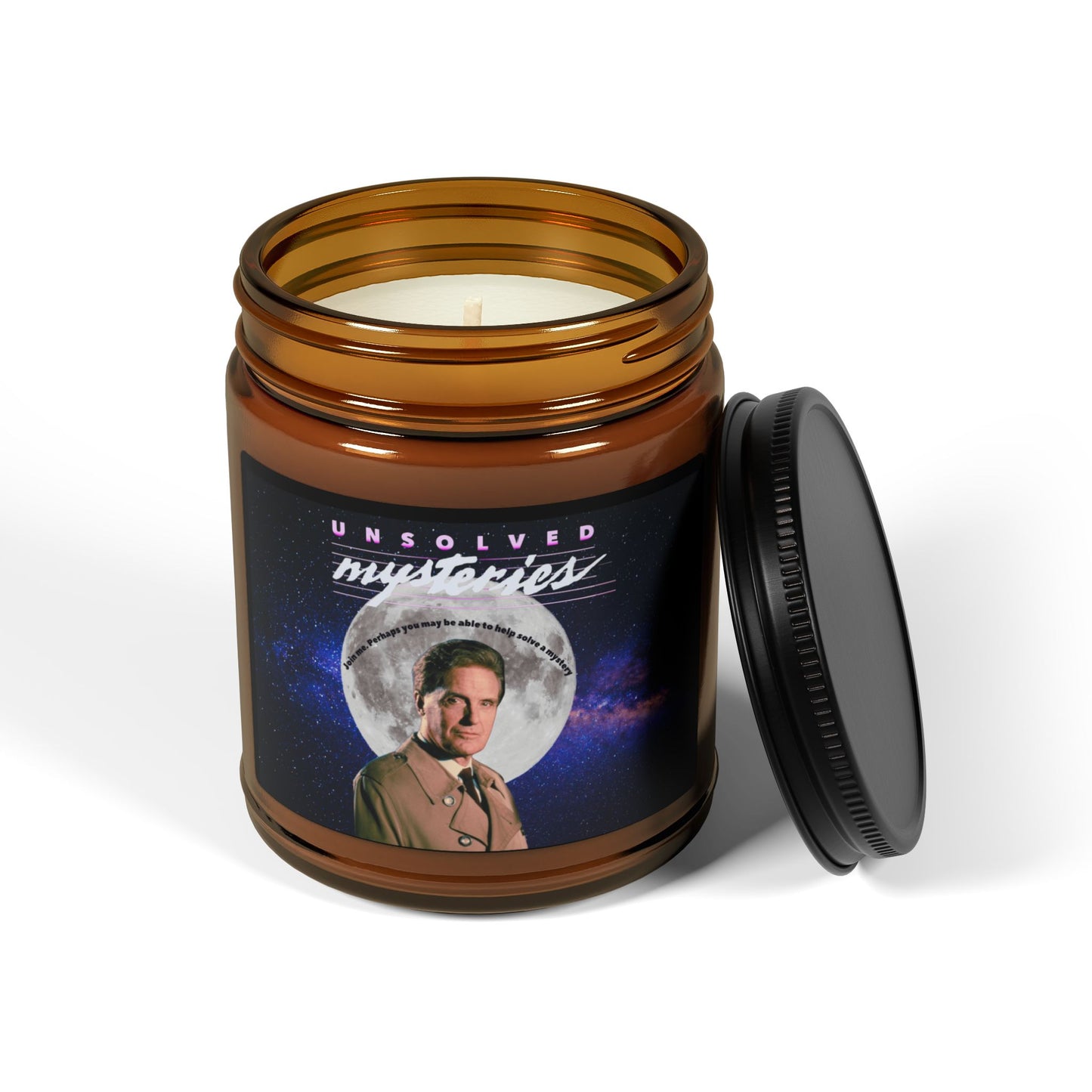 Retro "Unsolved Mysteries" Soy Candle | Amber Glass Jar | Robert Stack Tribute | Cozy Home Decor | Nostalgic Gift for TV Fans