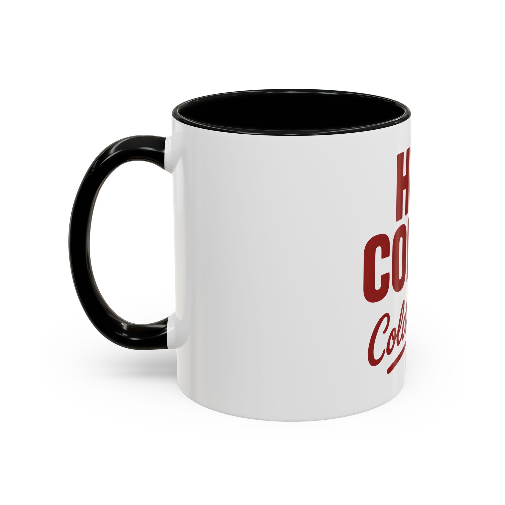 White mug with black handle and red text on a white background