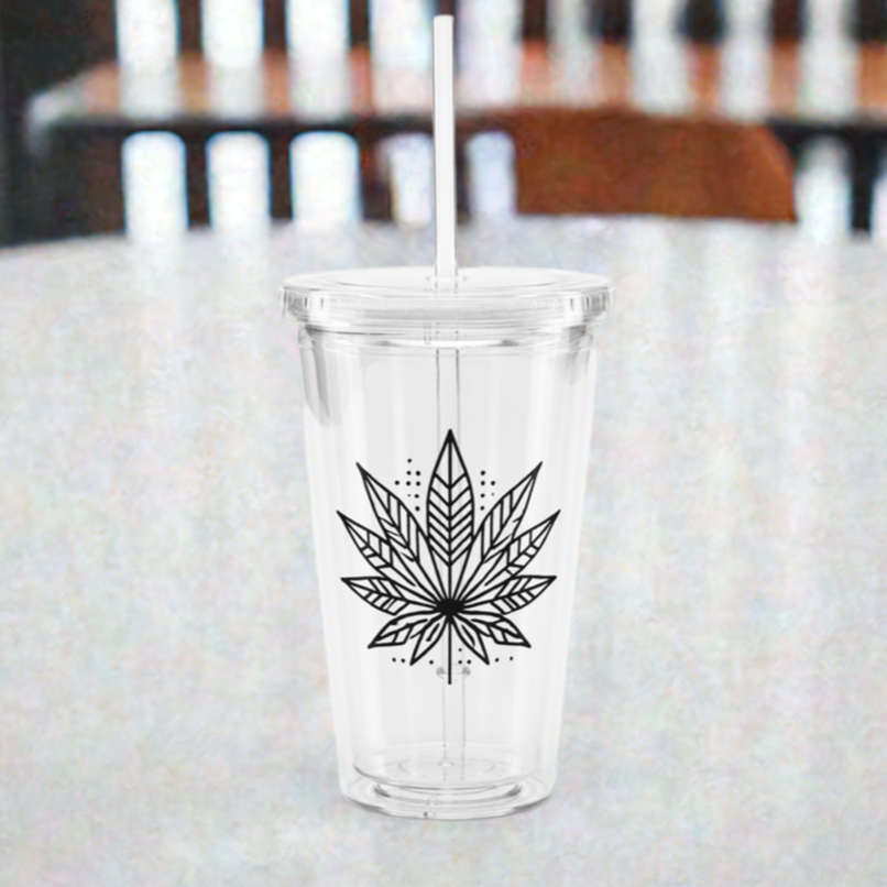 Modern Cannabis Leaf Clear Tumbler with Straw – 16 oz Reusable Iced Coffee Cup
