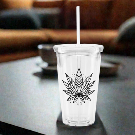 Modern Cannabis Leaf Clear Tumbler with Straw – 16 oz Reusable Iced Coffee Cup