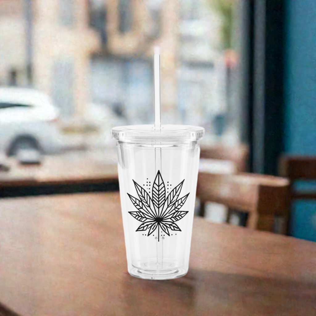 Modern Cannabis Leaf Clear Tumbler with Straw – 16 oz Reusable Iced Coffee Cup