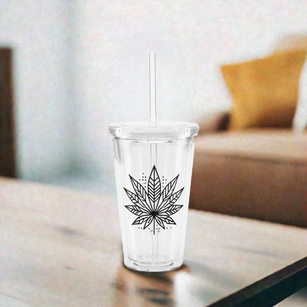 Modern Cannabis Leaf Clear Tumbler with Straw – 16 oz Reusable Iced Coffee Cup