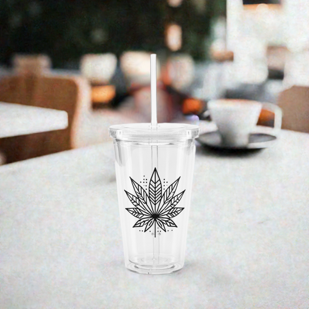 Modern Cannabis Leaf Clear Tumbler with Straw – 16 oz Reusable Iced Coffee Cup