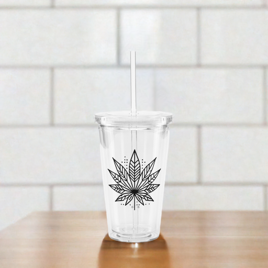 Modern Cannabis Leaf Clear Tumbler with Straw – 16 oz Reusable Iced Coffee Cup