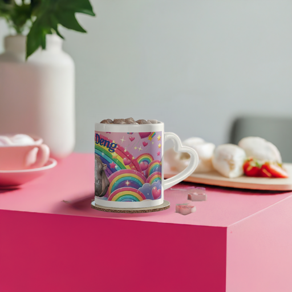 Moo Deng Pygmy Hippo Mug | Cute Rainbow Hippo Mug with Heart Handle | Baby Hippo Coffee Cup | Fun Animal Lover Gift