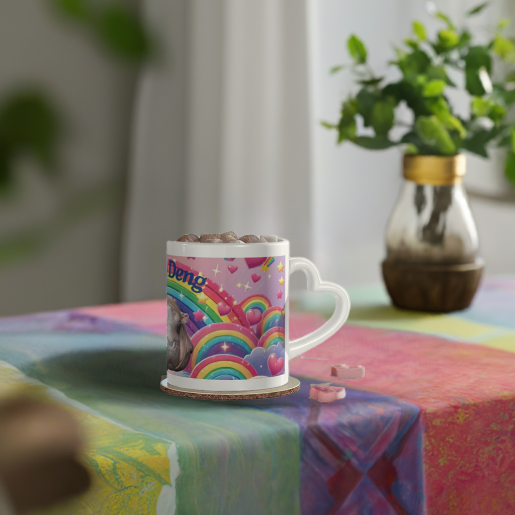 Moo Deng Pygmy Hippo Mug | Cute Rainbow Hippo Mug with Heart Handle | Baby Hippo Coffee Cup | Fun Animal Lover Gift