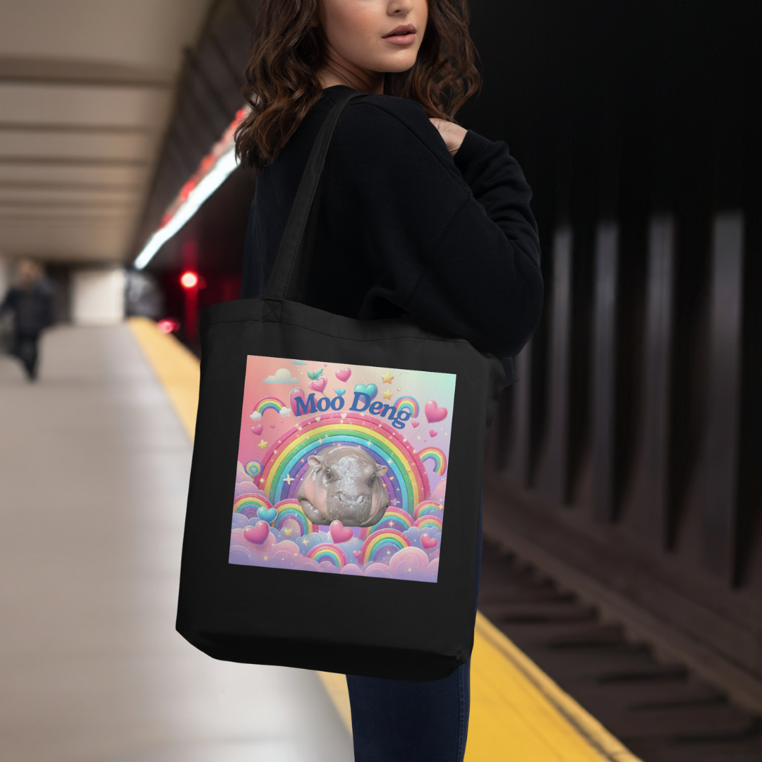 Moo Deng Pygmy Hippo Tote Bag | Cute Hippo Tote with Pink Font & Galaxy Background | Reusable Shopping Bag | Unique Animal Design Bag