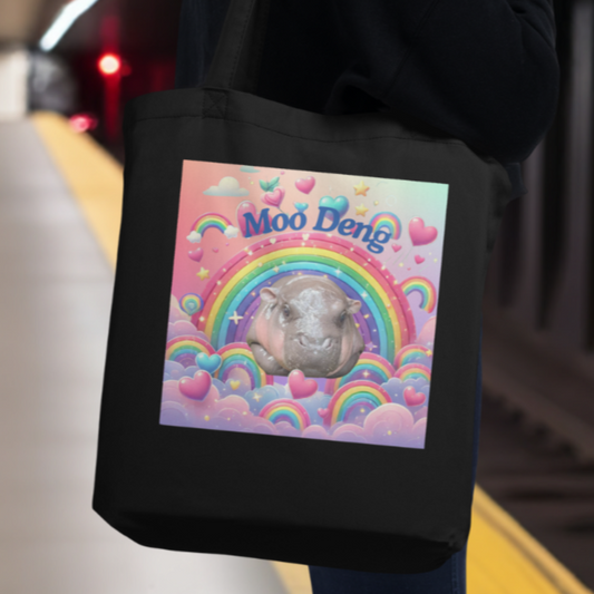 Moo Deng Pygmy Hippo Tote Bag | Cute Hippo Tote with Pink Font & Galaxy Background | Reusable Shopping Bag | Unique Animal Design Bag