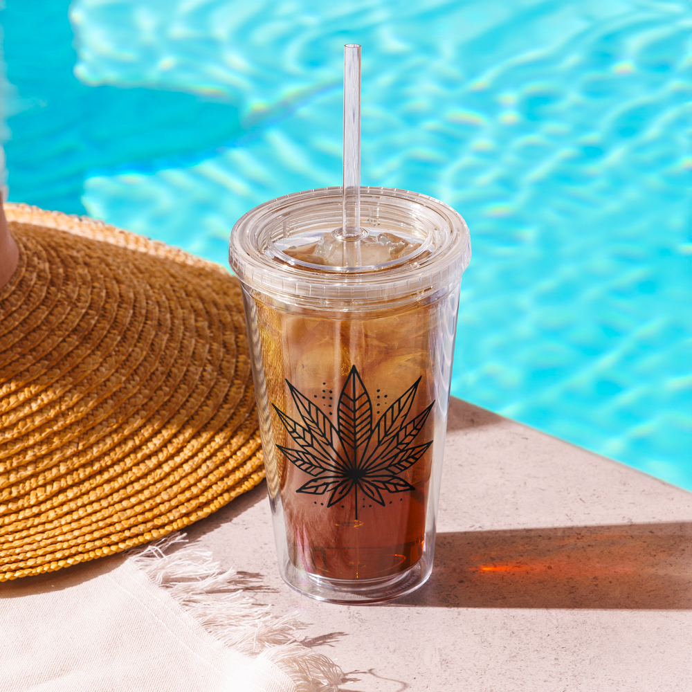 Modern Cannabis Leaf Clear Tumbler with Straw – 16 oz Reusable Iced Coffee Cup