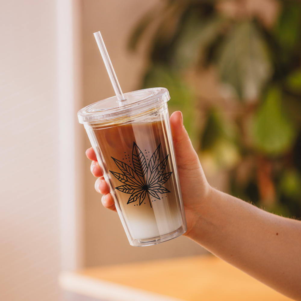 Modern Cannabis Leaf Clear Tumbler with Straw – 16 oz Reusable Iced Coffee Cup