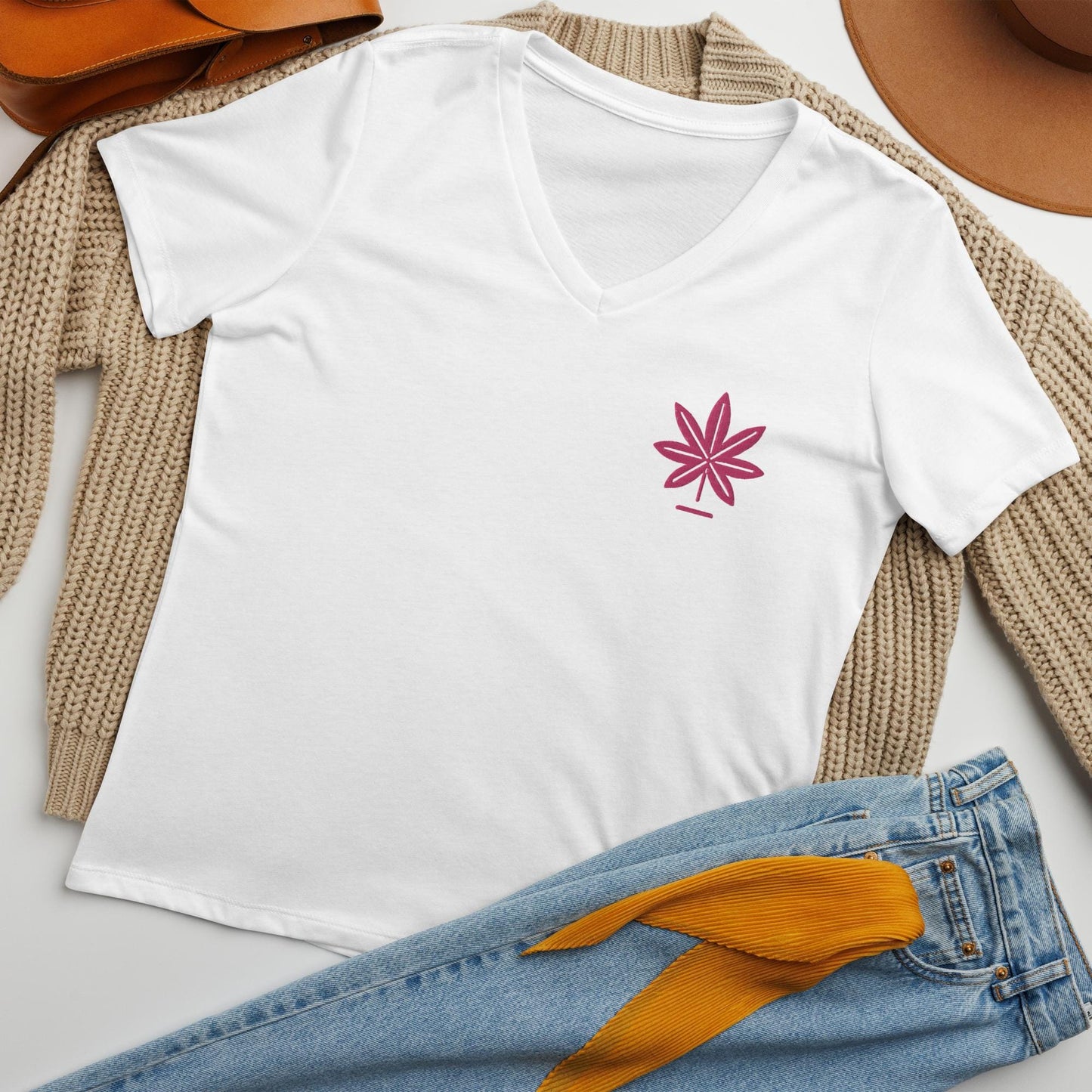Embroidered Cannabis Tee with Pink Marijuana Leaf, Women's Weed Gift
