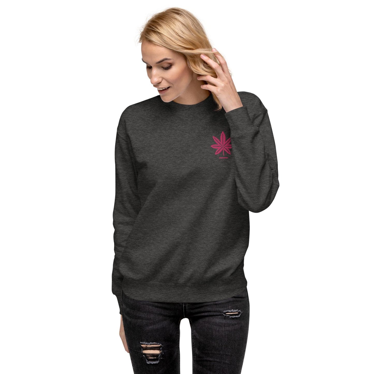 Hot Pink Marijuana Leaf Sweatshirt – Embroidered Cannabis Sweatshirt – Classic Crew Neck, Soft Cotton, Multiple Colors Available