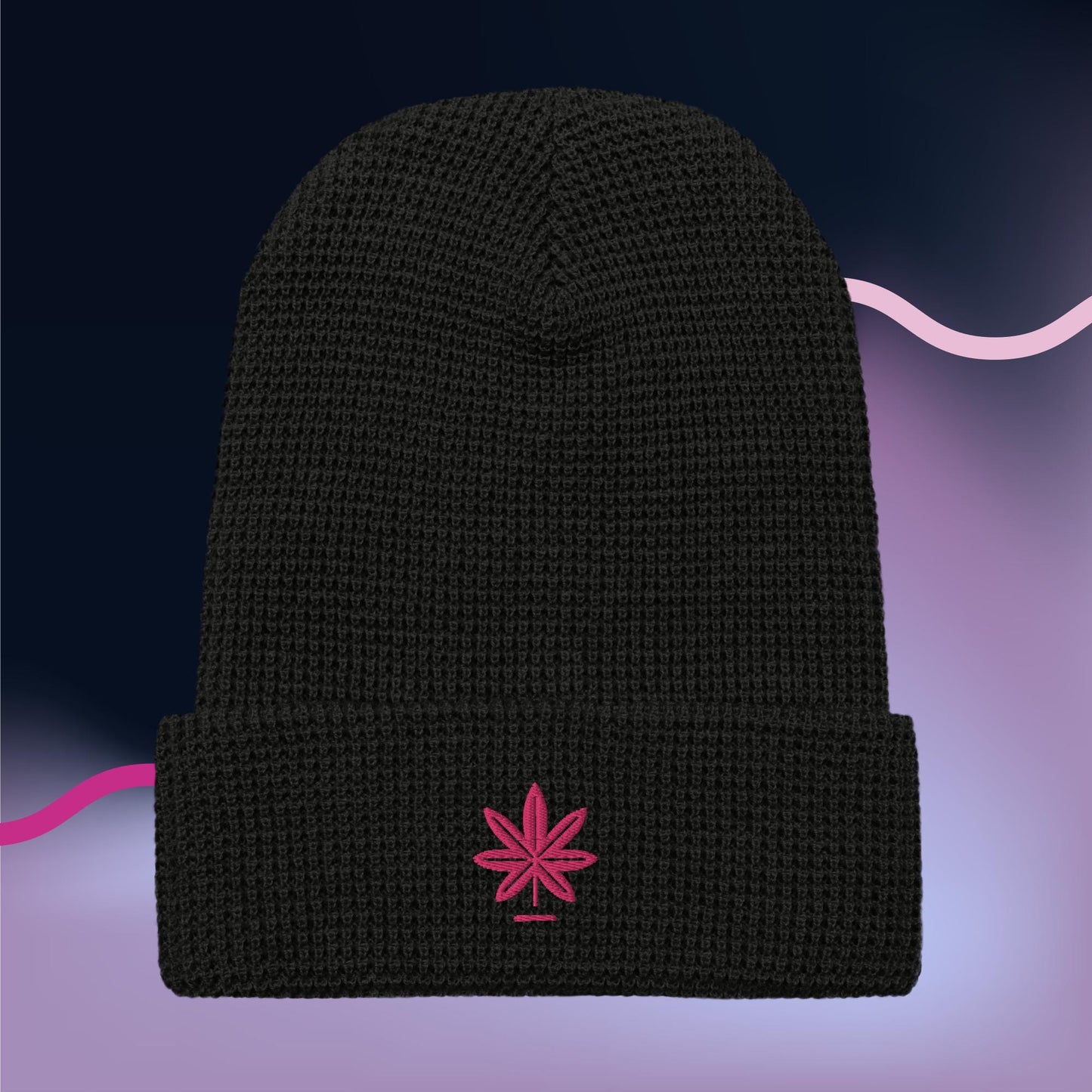 Waffle Knit Beanie with Pink Marijuana Leaf – Unisex Cannabis Hat – Weed Embroidered Beanie – Multiple Colors, Adjustable Cuff, Winter Hat