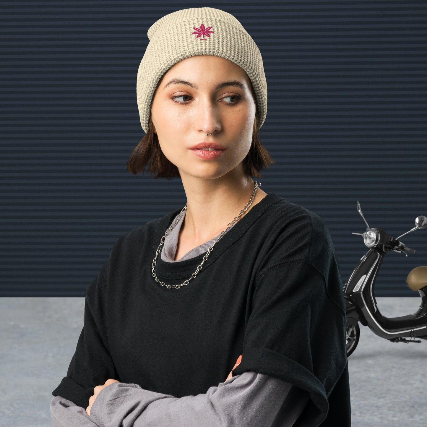 Waffle Knit Beanie with Pink Marijuana Leaf – Unisex Cannabis Hat – Weed Embroidered Beanie – Multiple Colors, Adjustable Cuff, Winter Hat