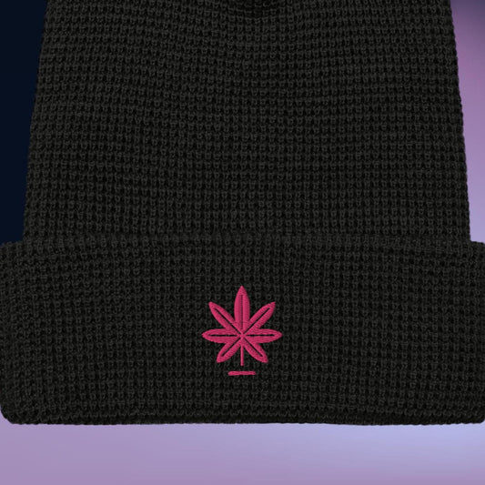Waffle Knit Beanie with Pink Marijuana Leaf – Unisex Cannabis Hat – Weed Embroidered Beanie – Multiple Colors, Adjustable Cuff, Winter Hat