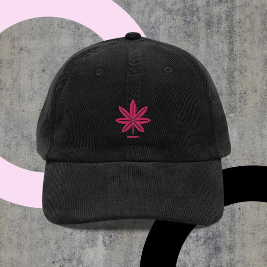 Embroidered Cannabis Hat - Women's Vintage Corduroy Cap with Pink Leaf - Retro Style, Festival Fashion Accessory