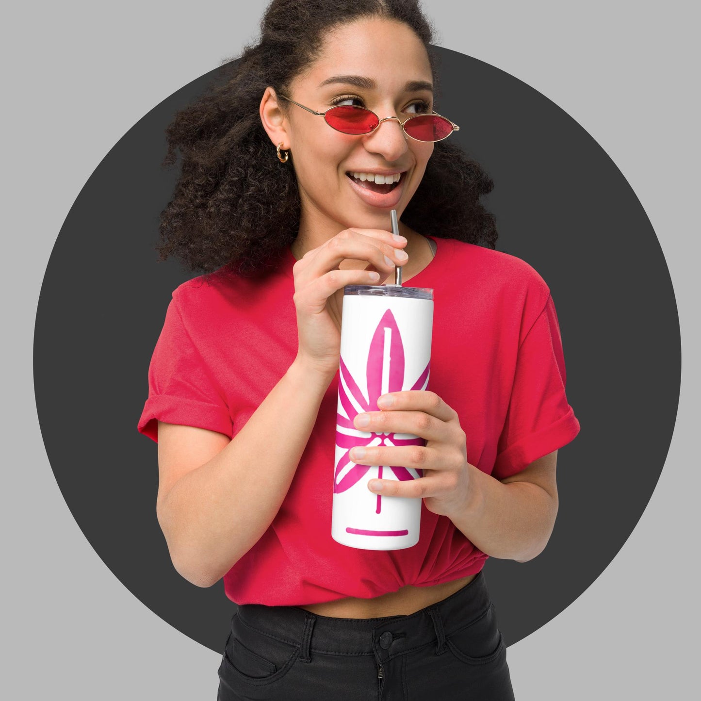 Hot Pink Marijuana Leaf – Reusable Travel Mug with Metal Straw for Hot & Cold Drinks