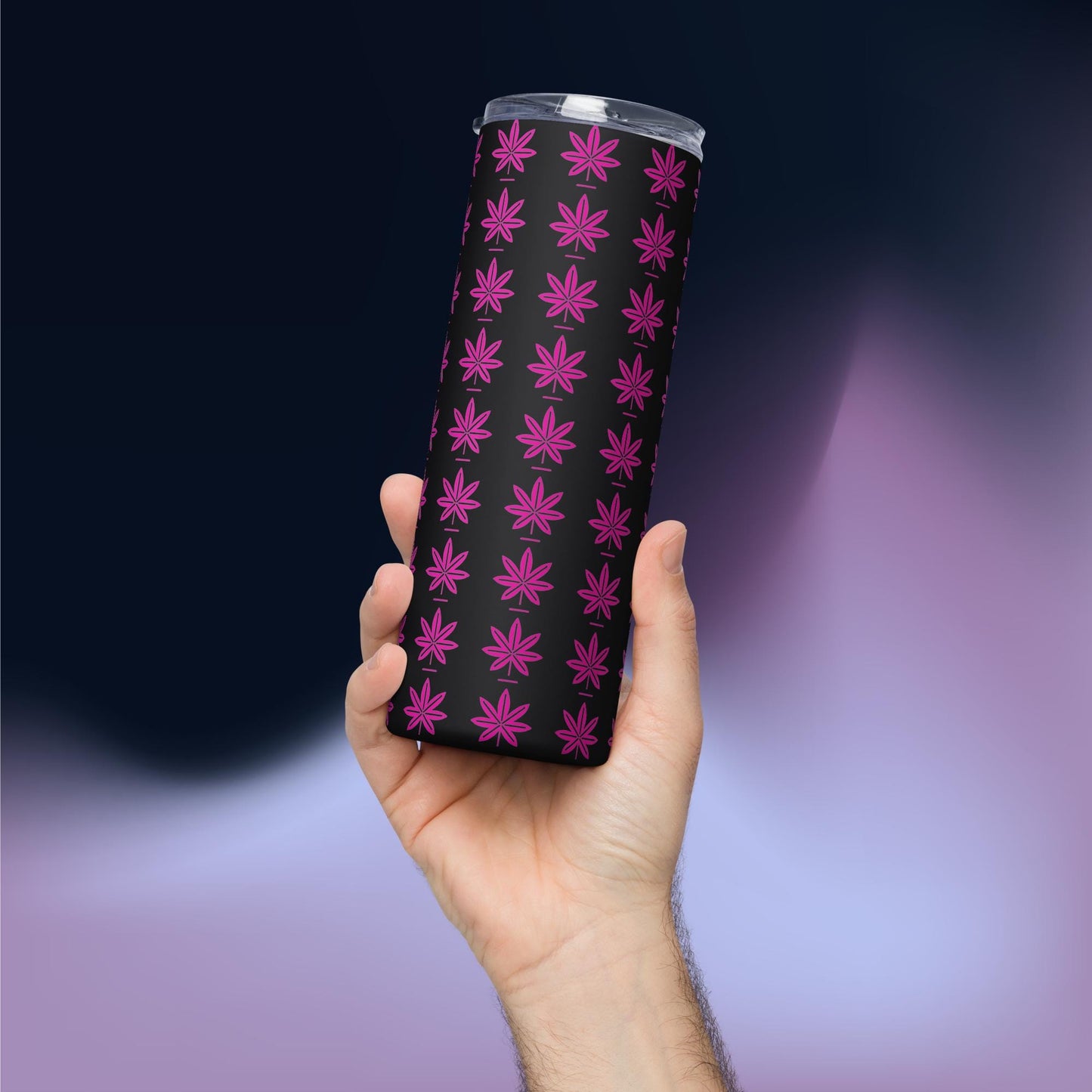 Hot Pink  Black Marijuana Leaf – Reusable Travel Mug with Metal Straw for Hot & Cold Drinks