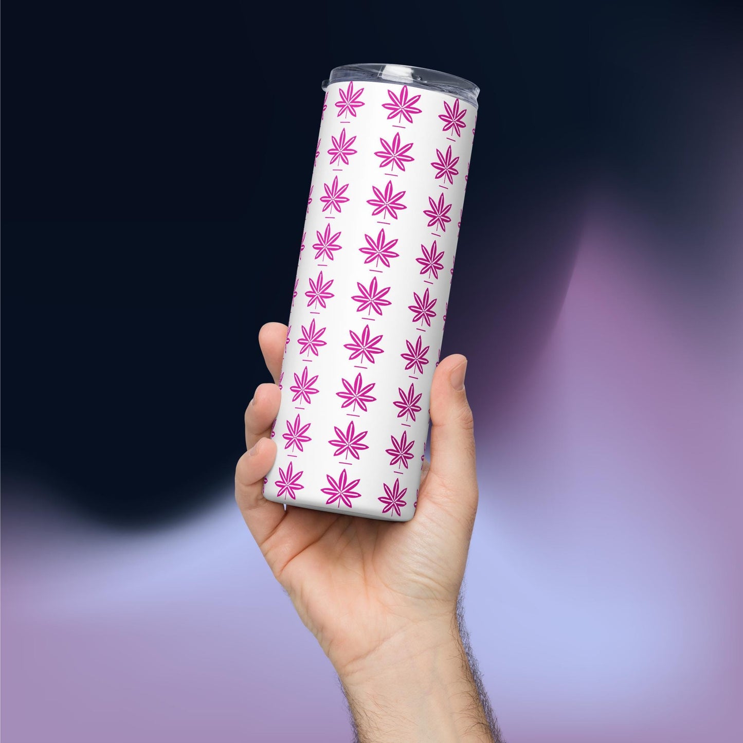 Hot Pink  Black Marijuana Leaf – Reusable Travel Mug with Metal Straw for Hot & Cold Drinks