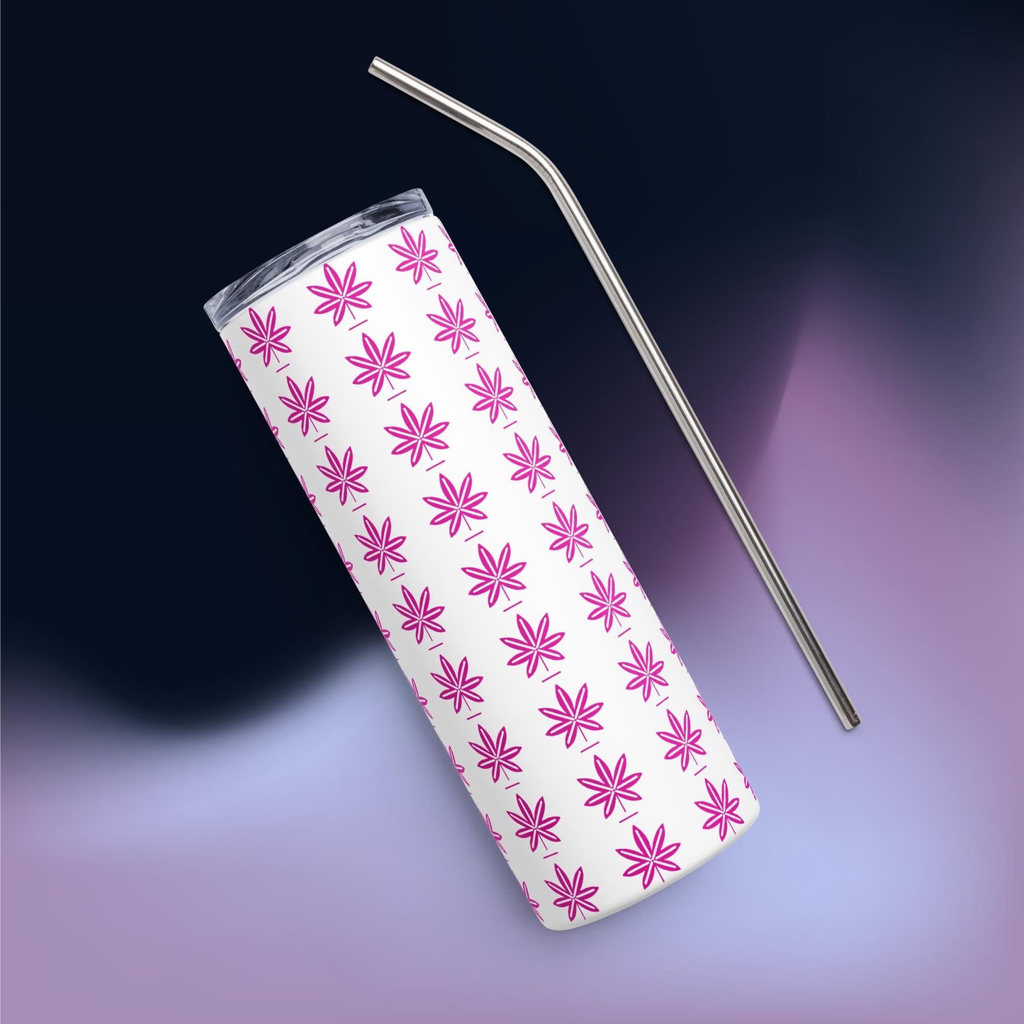 Hot Pink  Black Marijuana Leaf – Reusable Travel Mug with Metal Straw for Hot & Cold Drinks