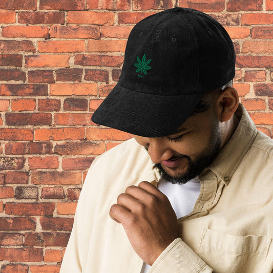 Retro Corduroy Cap l Green Cannabis Leaf l Embroidered Corduroy Cap l Weed Gifts