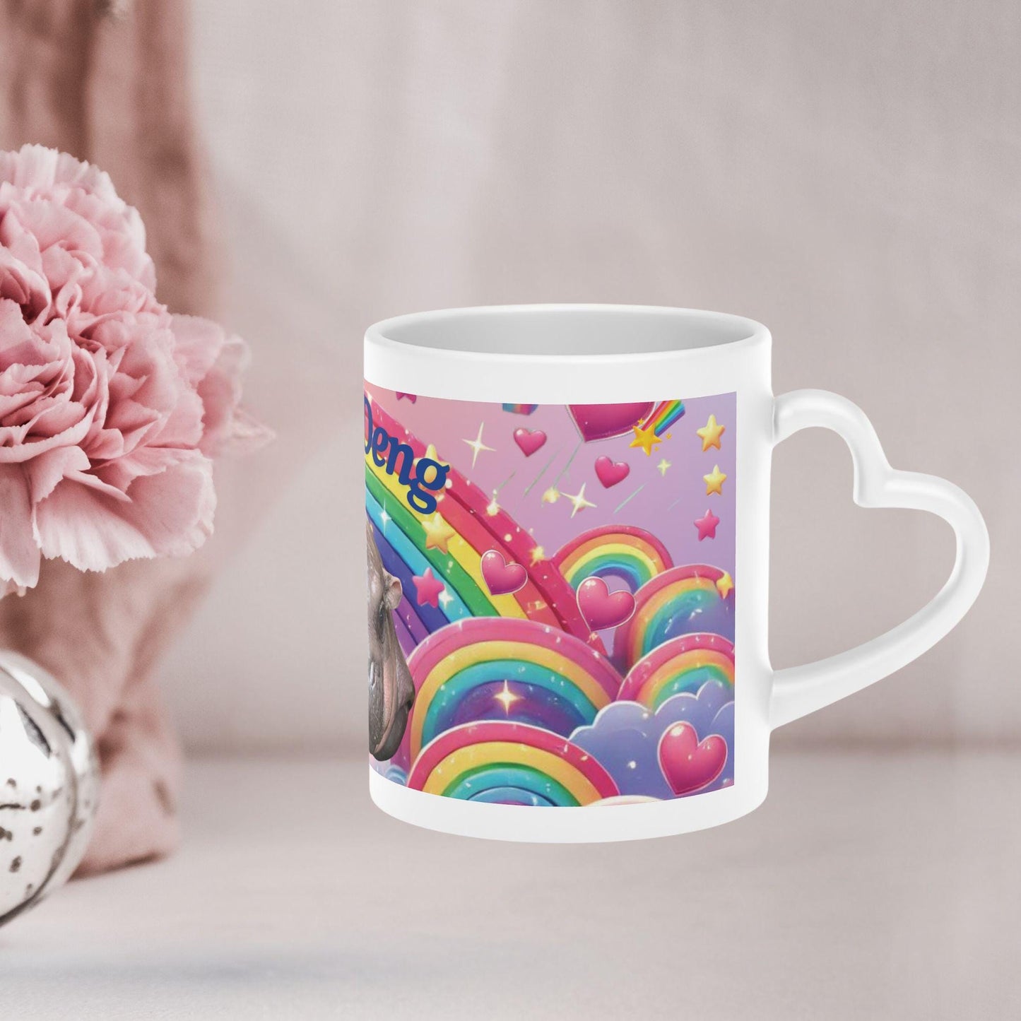 Moo Deng Pygmy Hippo Mug | Cute Rainbow Hippo Mug with Heart Handle | Baby Hippo Coffee Cup | Fun Animal Lover Gift