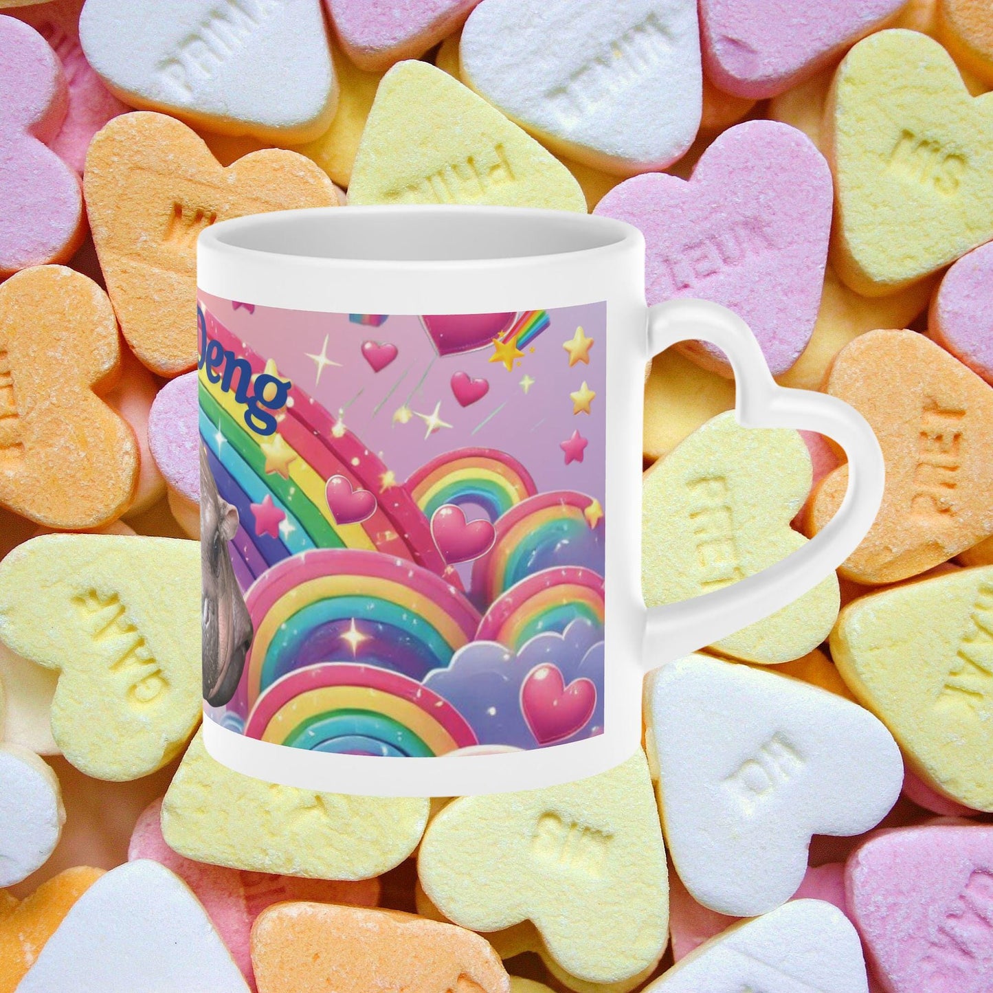 Moo Deng Pygmy Hippo Mug | Cute Rainbow Hippo Mug with Heart Handle | Baby Hippo Coffee Cup | Fun Animal Lover Gift