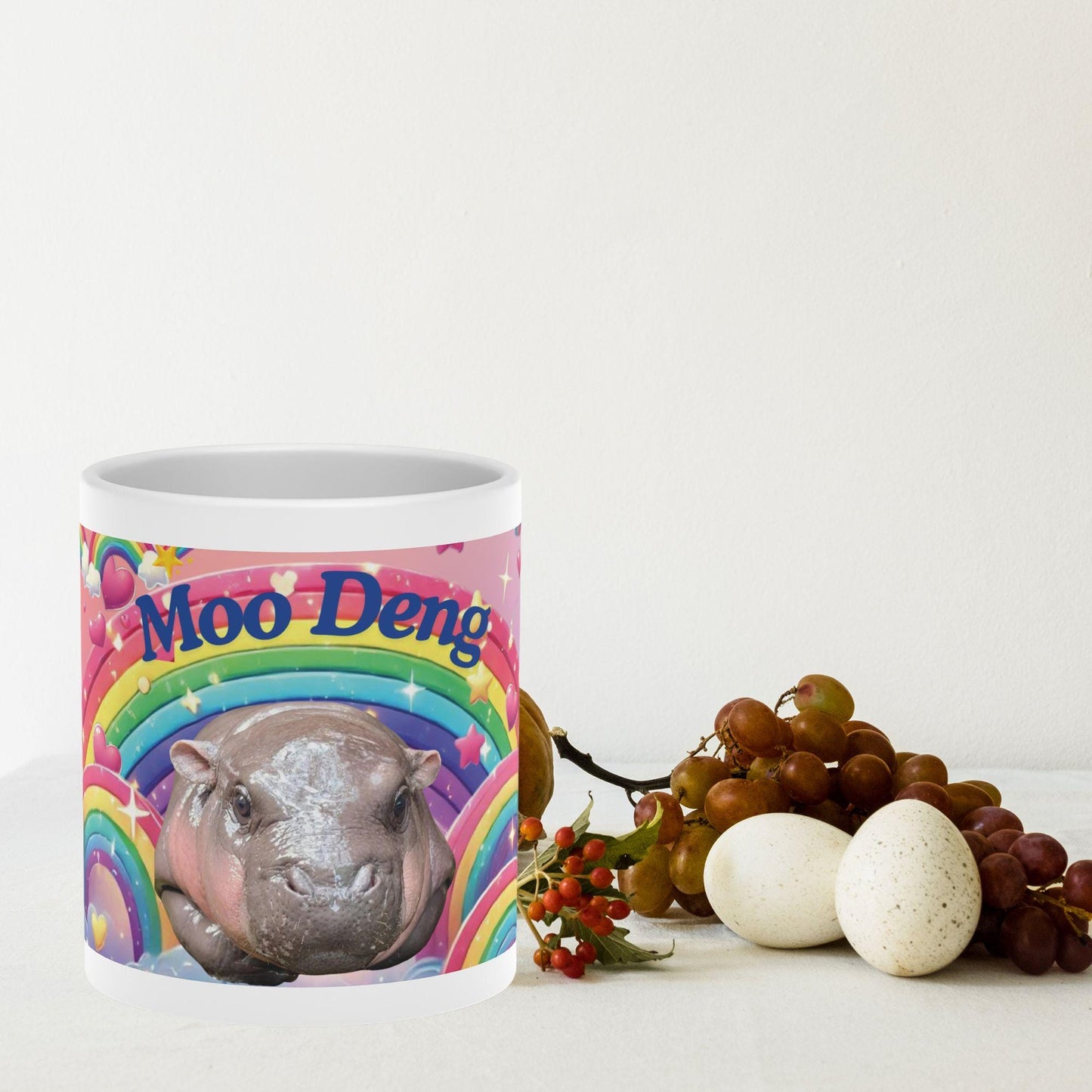 Moo Deng Pygmy Hippo Mug | Cute Rainbow Hippo Mug with Heart Handle | Baby Hippo Coffee Cup | Fun Animal Lover Gift