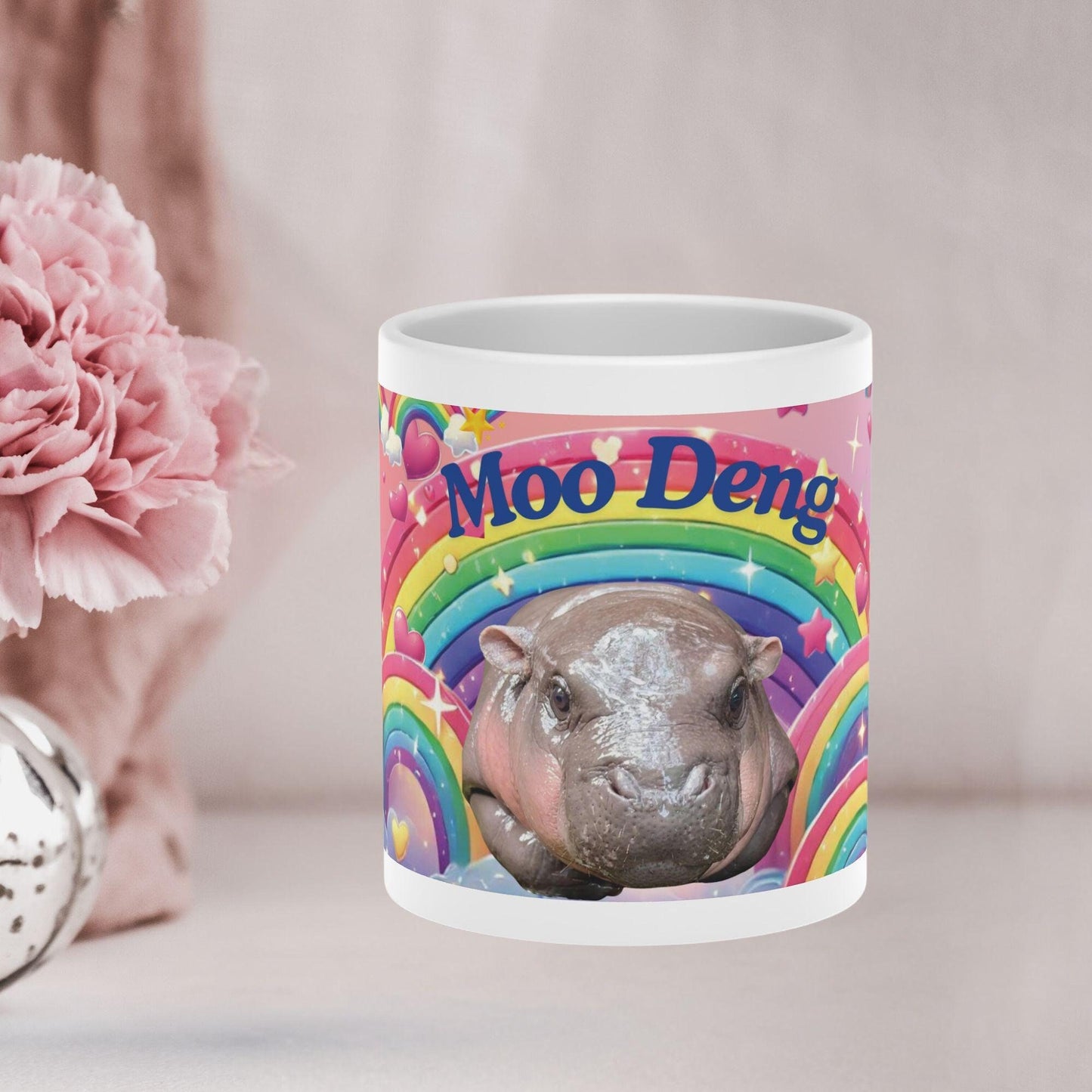 Moo Deng Pygmy Hippo Mug | Cute Rainbow Hippo Mug with Heart Handle | Baby Hippo Coffee Cup | Fun Animal Lover Gift