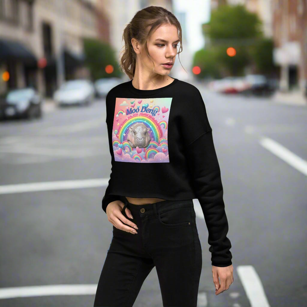 Moo Deng Pygmy Hippo Cropped Sweatshirt | Trendy Women’s Cropped Sweater with Raw Hem | Cute Hippo Graphic Top | Multiple Colors Available