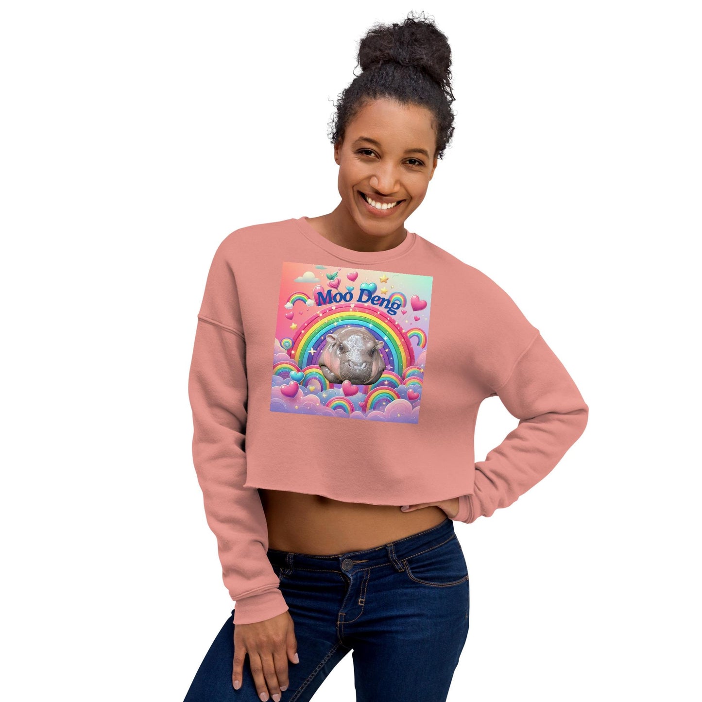 Moo Deng Pygmy Hippo Cropped Sweatshirt | Trendy Women’s Cropped Sweater with Raw Hem | Cute Hippo Graphic Top | Multiple Colors Available
