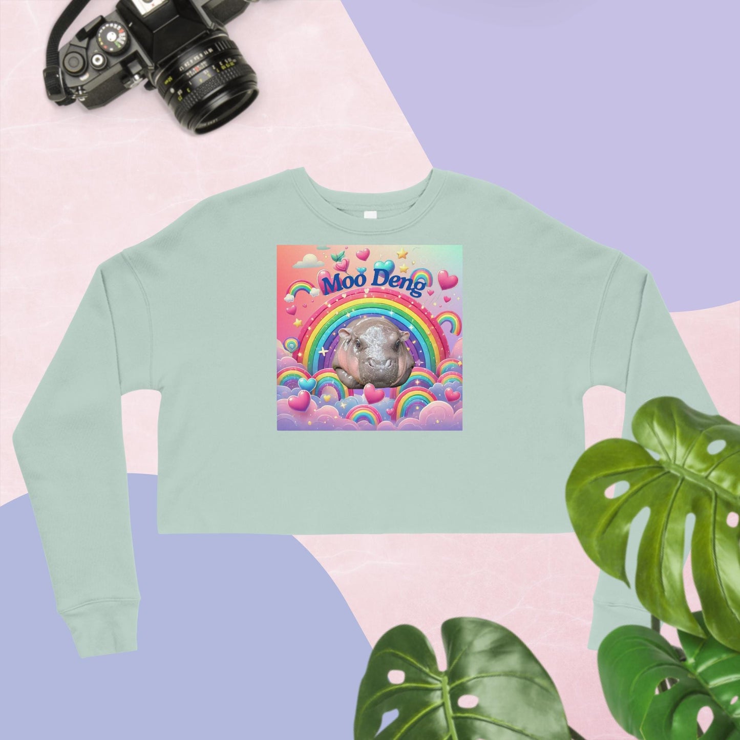 Moo Deng Pygmy Hippo Cropped Sweatshirt | Trendy Women’s Cropped Sweater with Raw Hem | Cute Hippo Graphic Top | Multiple Colors Available