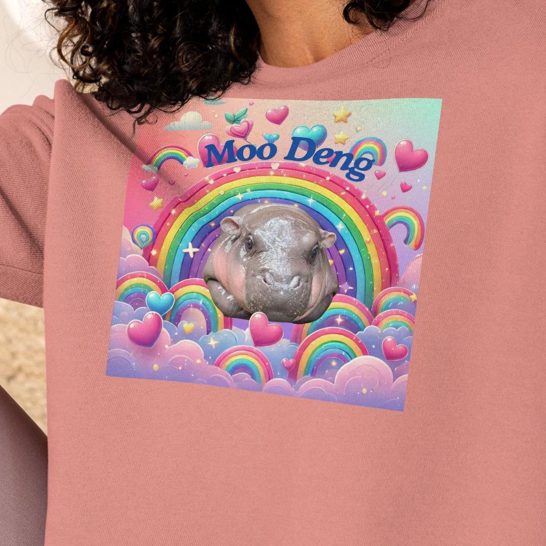 Moo Deng Pygmy Hippo Cropped Sweatshirt | Trendy Women’s Cropped Sweater with Raw Hem | Cute Hippo Graphic Top | Multiple Colors Available
