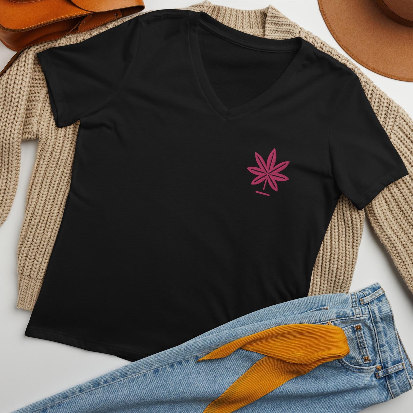 Embroidered Cannabis Tee with Pink Marijuana Leaf, Women's Weed Gift