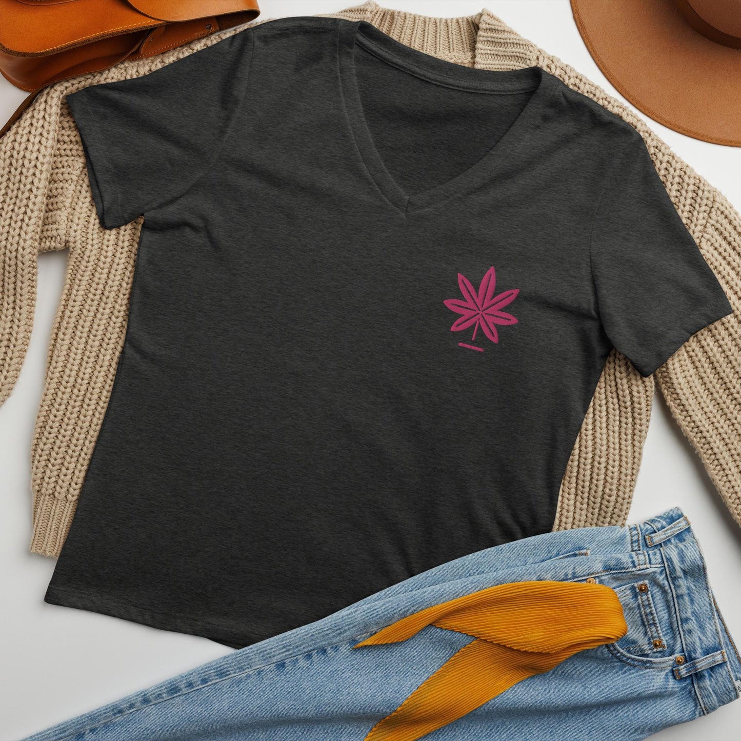 Embroidered Cannabis Tee with Pink Marijuana Leaf, Women's Weed Gift