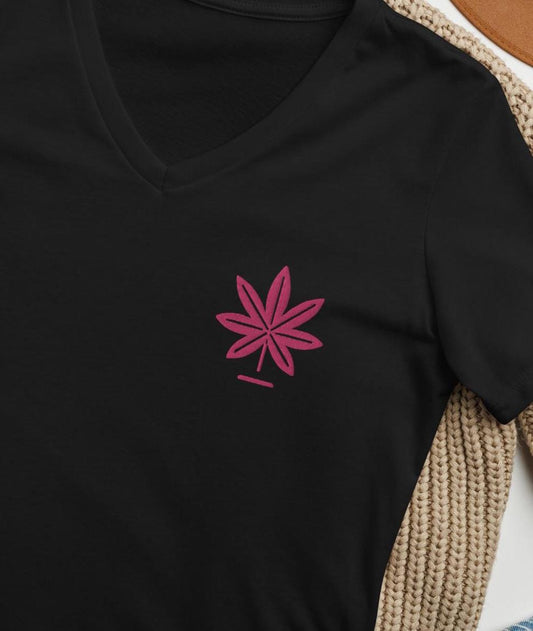 Embroidered Cannabis Tee with Pink Marijuana Leaf, Women's Weed Gift