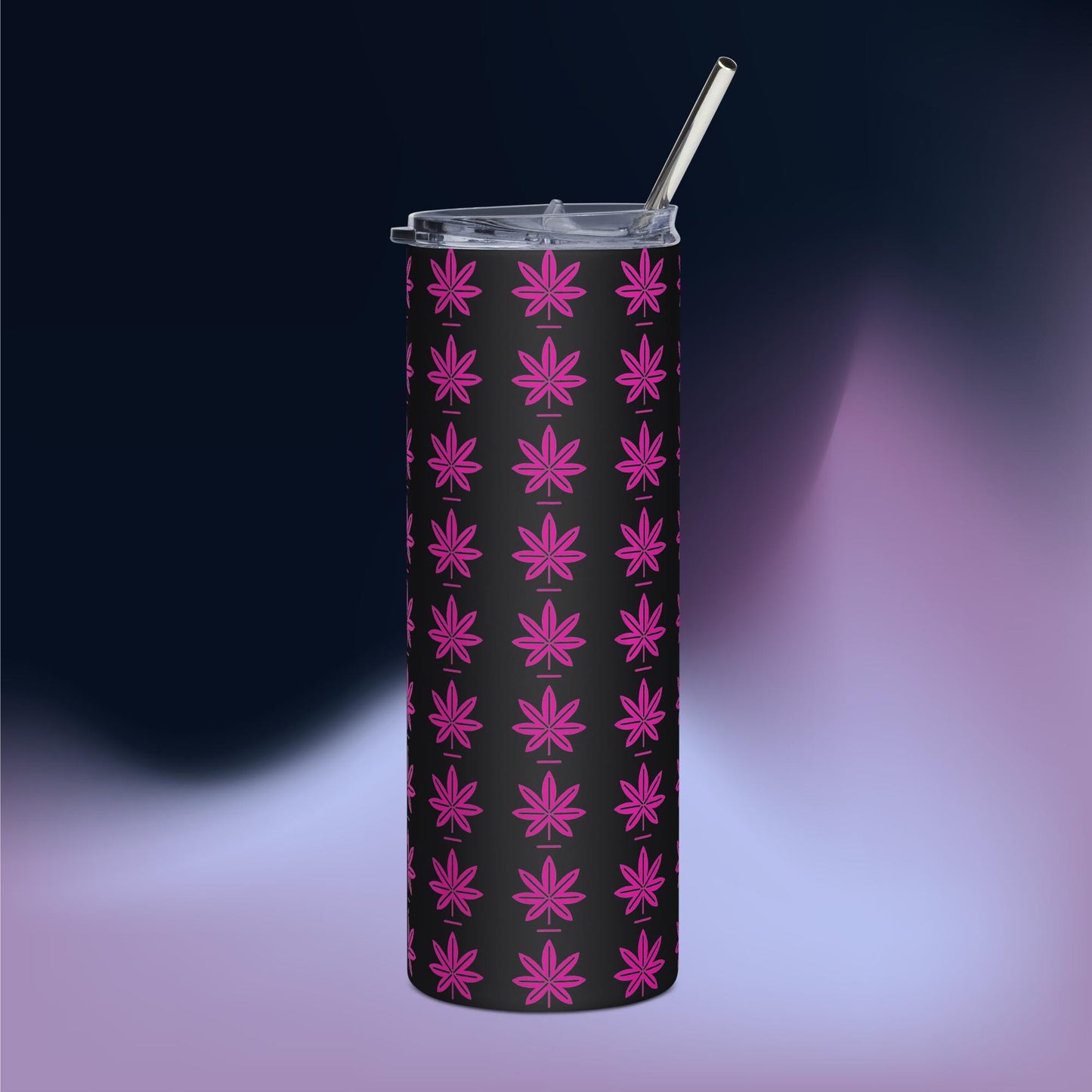 Hot Pink  Black Marijuana Leaf – Reusable Travel Mug with Metal Straw for Hot & Cold Drinks
