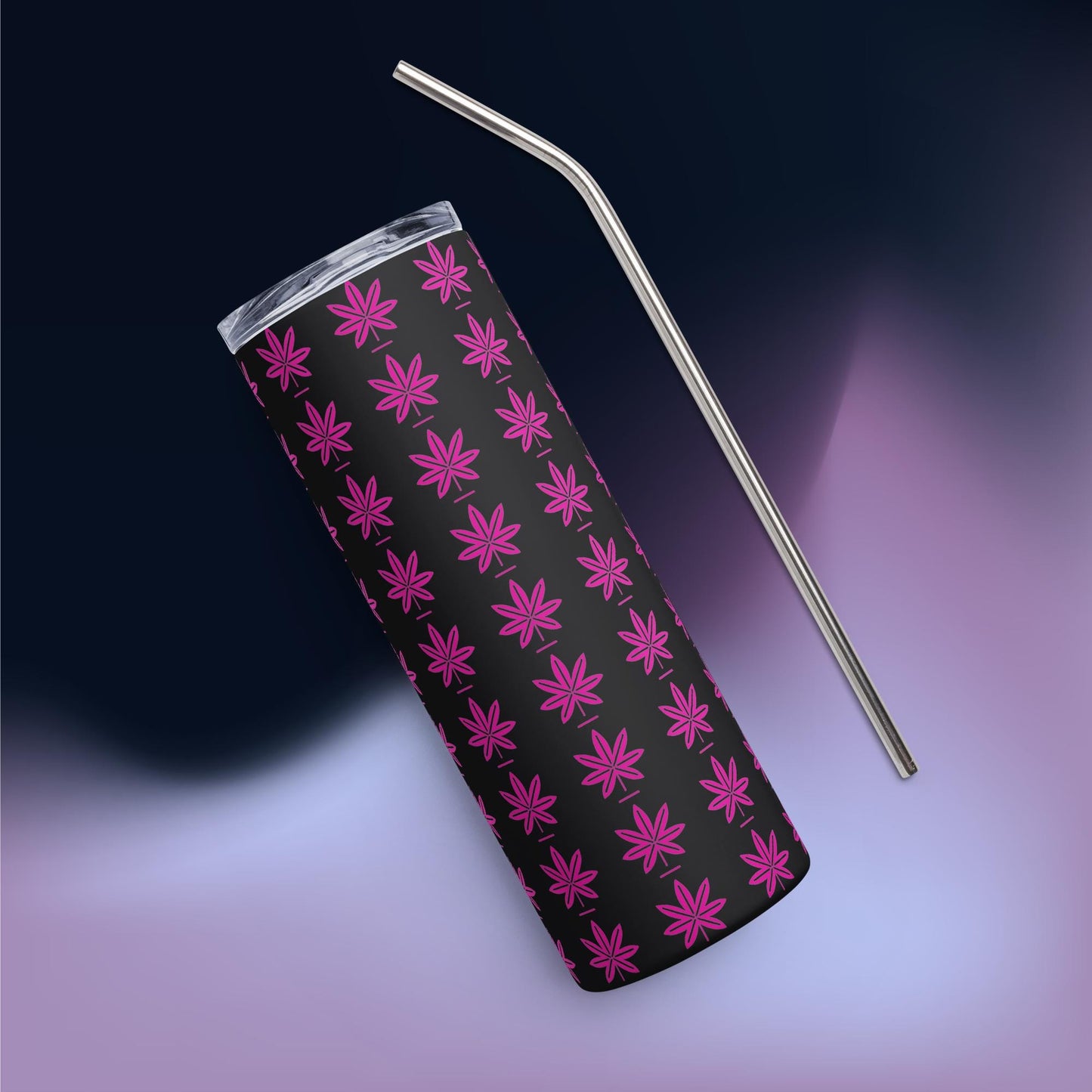 Hot Pink  Black Marijuana Leaf – Reusable Travel Mug with Metal Straw for Hot & Cold Drinks