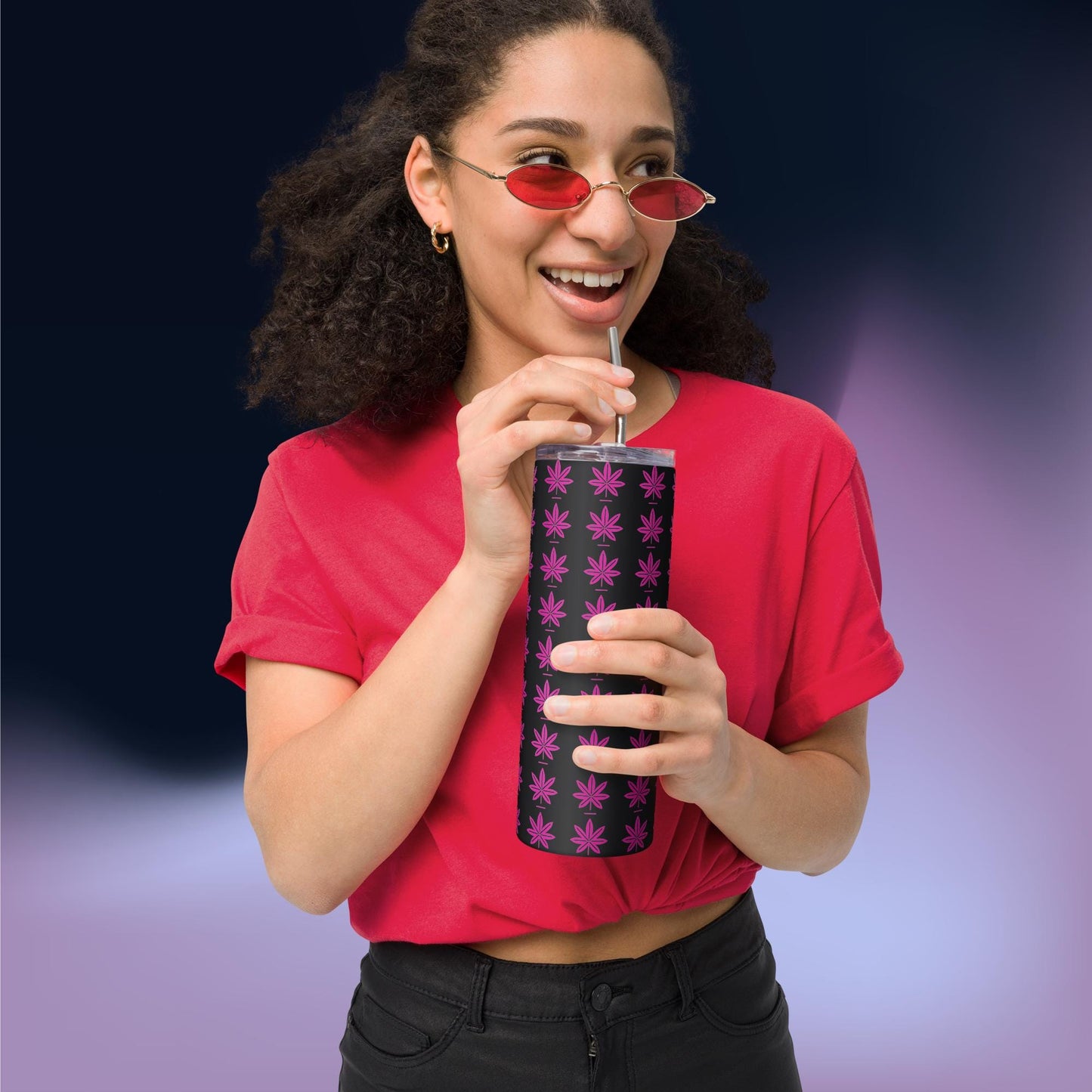 Hot Pink  Black Marijuana Leaf – Reusable Travel Mug with Metal Straw for Hot & Cold Drinks