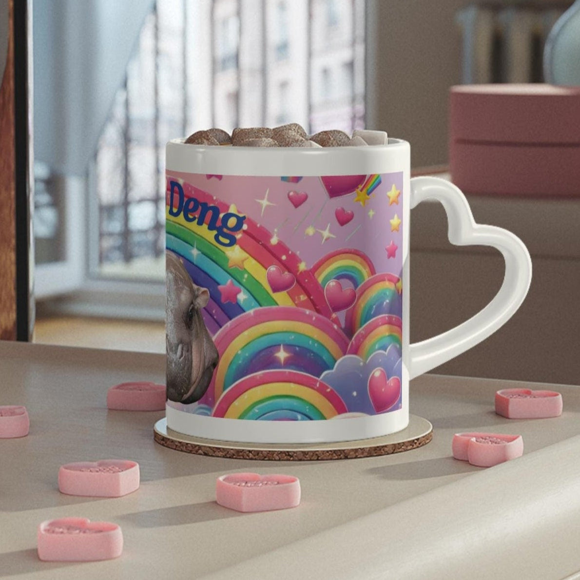 Moo Deng Pygmy Hippo Mug | Cute Rainbow Hippo Mug with Heart Handle | Baby Hippo Coffee Cup | Fun Animal Lover Gift