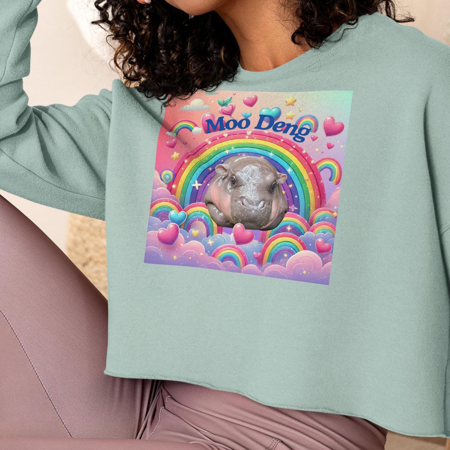 Moo Deng Pygmy Hippo Cropped Sweatshirt | Trendy Women’s Cropped Sweater with Raw Hem | Cute Hippo Graphic Top | Multiple Colors Available