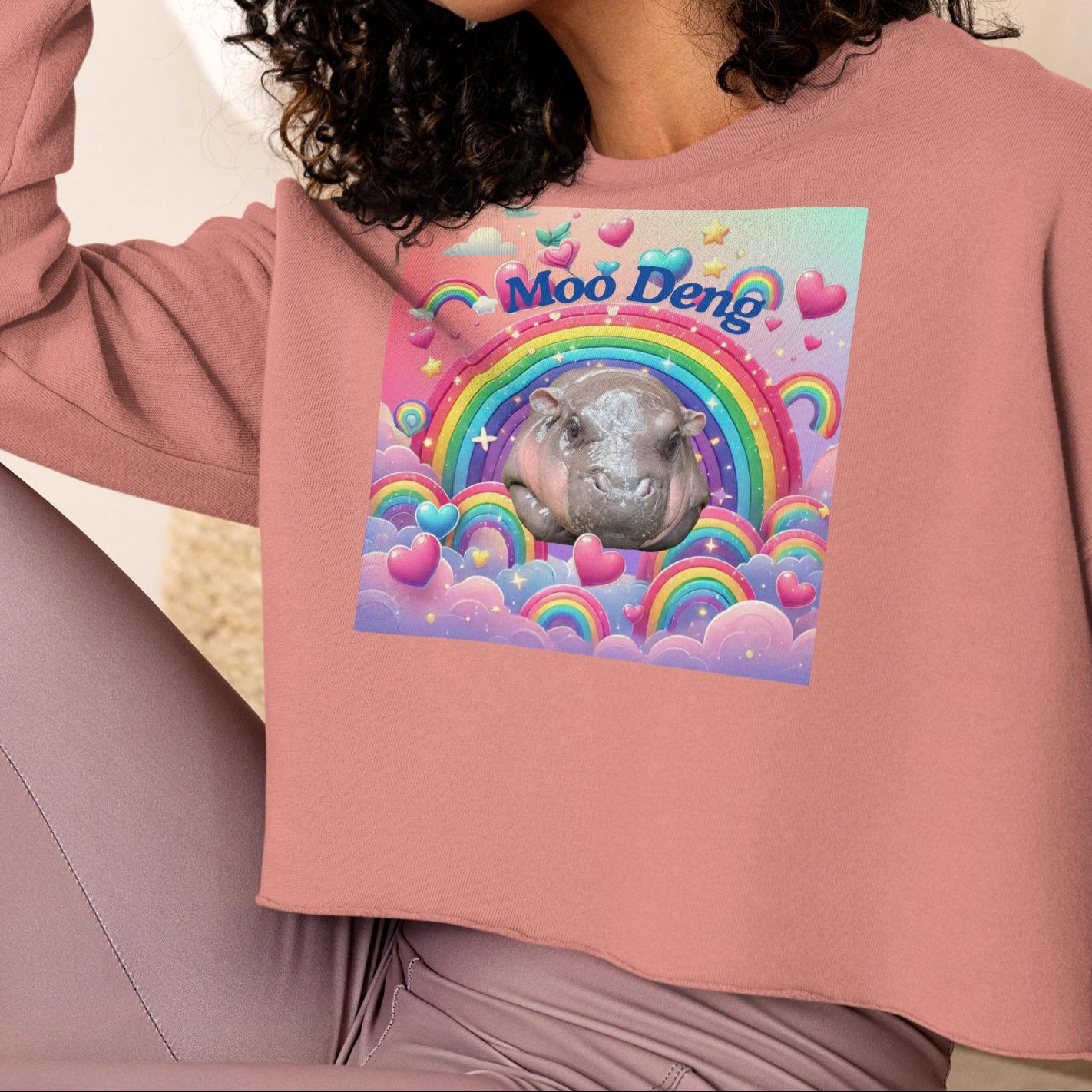 Moo Deng Pygmy Hippo Cropped Sweatshirt | Trendy Women’s Cropped Sweater with Raw Hem | Cute Hippo Graphic Top | Multiple Colors Available