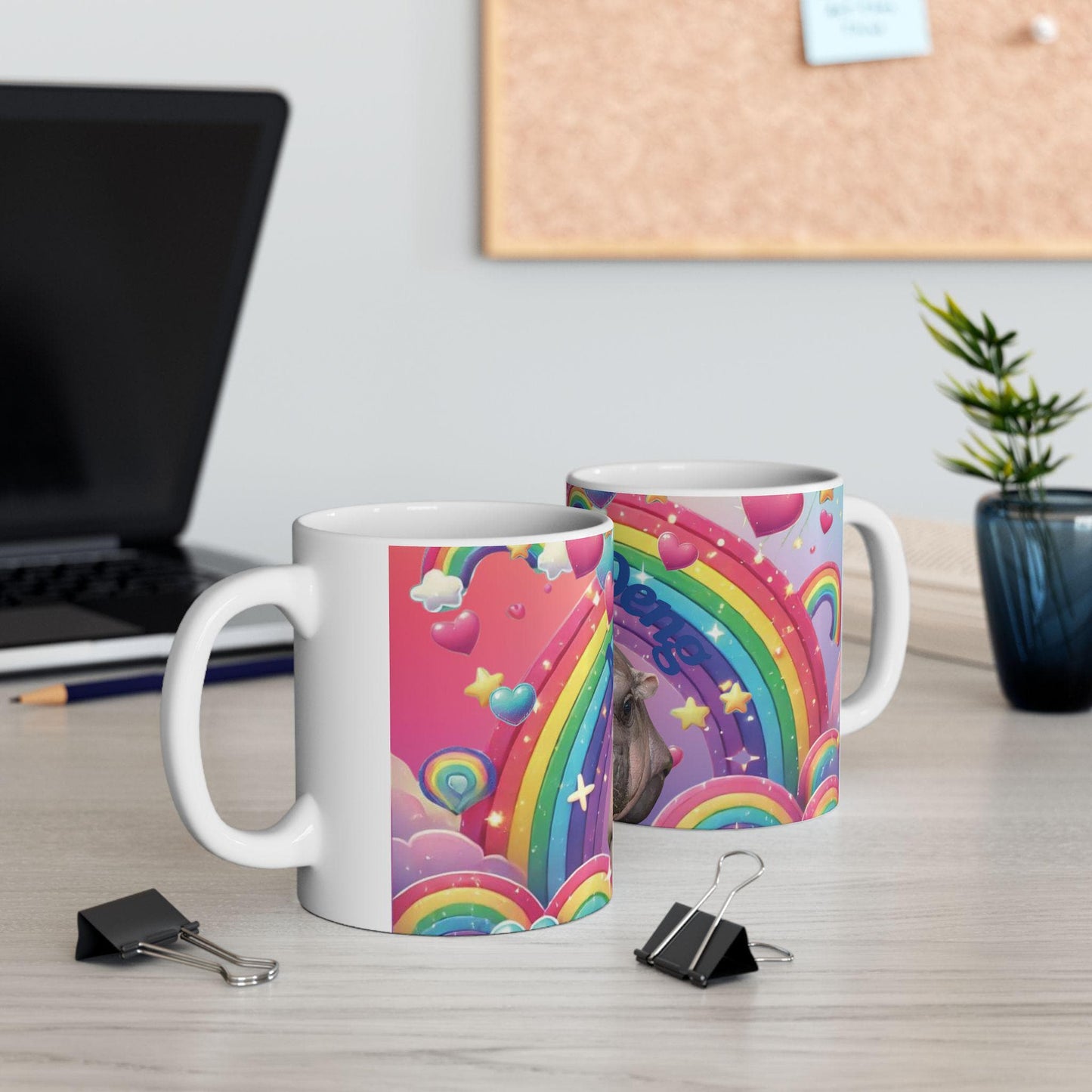 Moo Deng Rainbow Ceramic Mug, Cute Hippo Gift, Fun Coffee Cup, Colorful Drinkware, Unique Animal Lover Mug