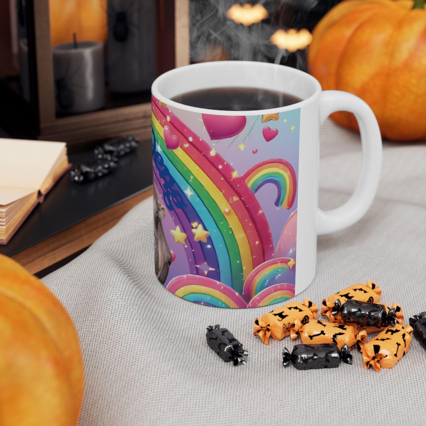 Moo Deng Rainbow Ceramic Mug, Cute Hippo Gift, Fun Coffee Cup, Colorful Drinkware, Unique Animal Lover Mug